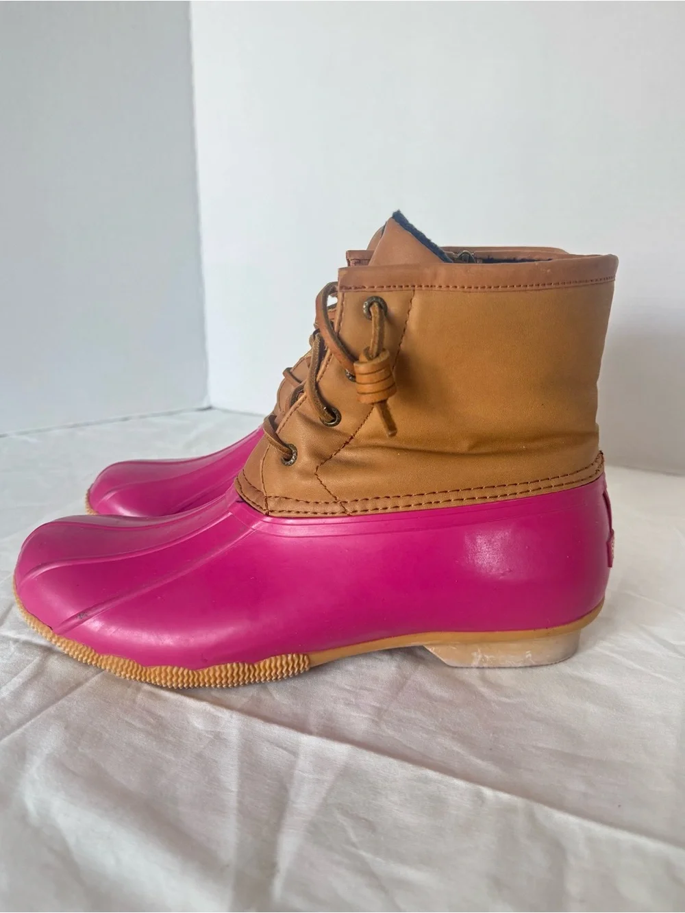 Sperry Pink Rubber & Tan Leather Duck Boots